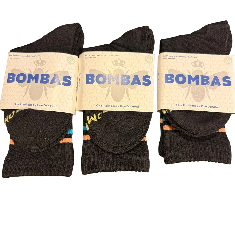 Bombas Womens Cushion Crew Socks Black Blue Orange Stripe 3 Pair Set Size‎ XS